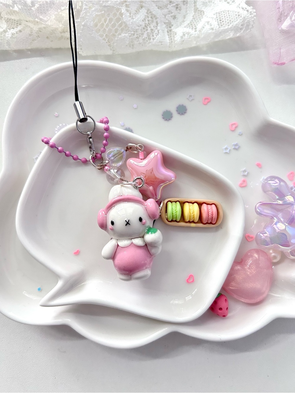 Hand Crafted Pink Miffy  Bunny Charm Keychain with Pastel Macaron & Star